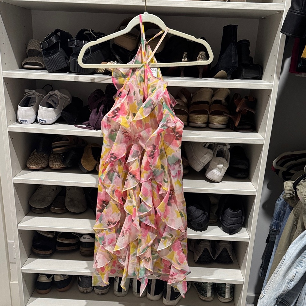 Womens Pink Floral Ruffle Halter Dress